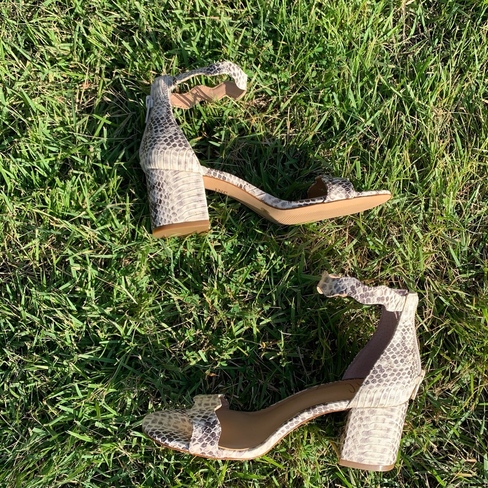 Strappy Faux Snake Skin Block Heels